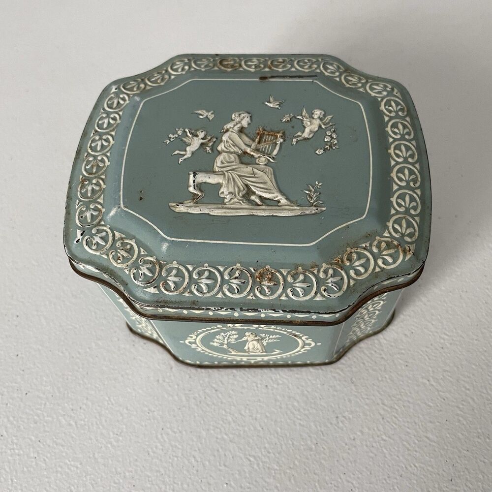 Vintage Container Tin Made in England Robin Egg Blue Greek Scenes 5" x 4" x 3"
